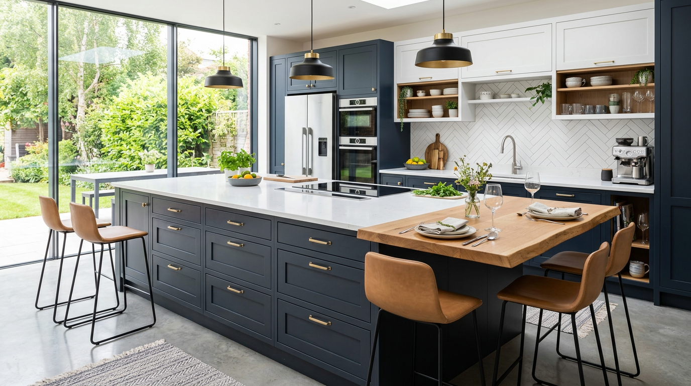découvrez comment optimiser votre espace cuisine grâce à un îlot central fonctionnel avec table intégrée, alliant design et praticité pour un espace convivial et organisé.